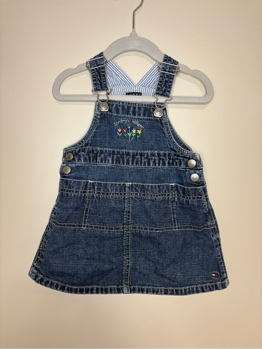 Tommy Hilfiger Dark Blue Denim Overall Dress with Floral Embroidery